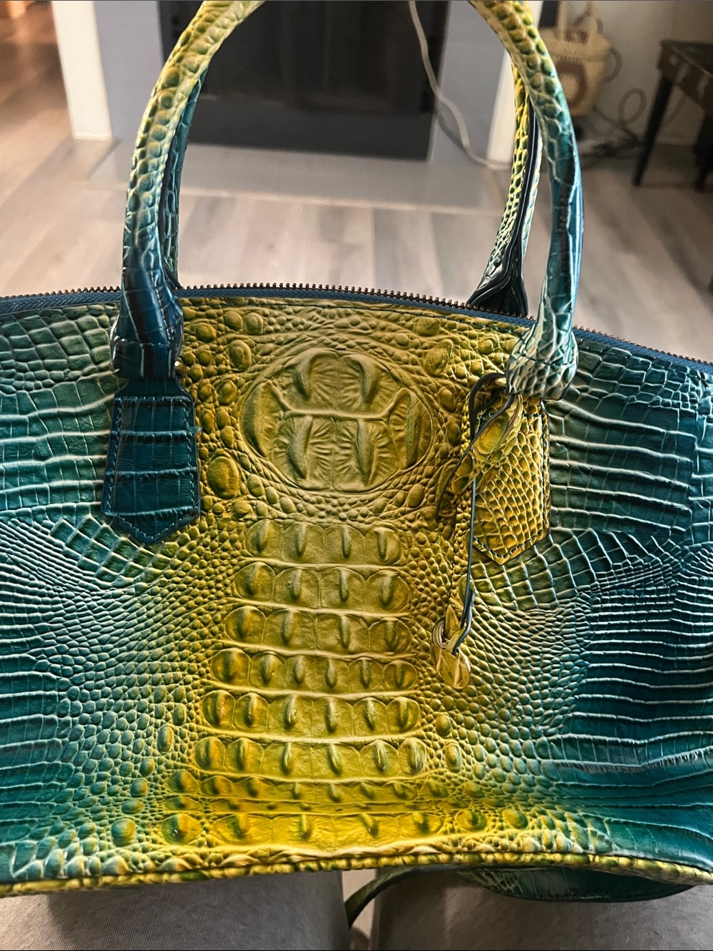 Croc-Embossed Green and Yellow Gradient Tote Bag
